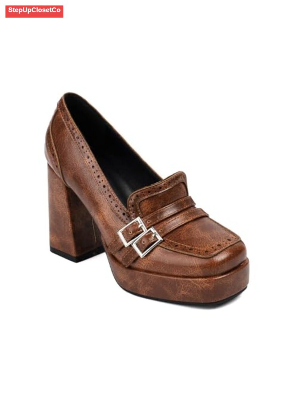 Faux Leather Square Toe Chunky Block Heel Brogue Loafers Slip On Pumps